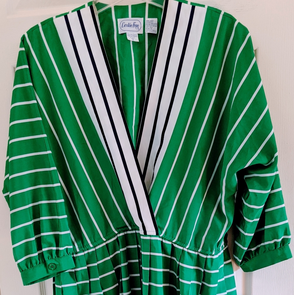 VTG| Leslie Fay | pleated dress | 16 | Green/White